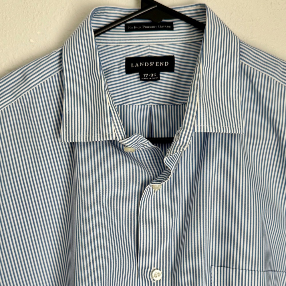 Lands' End 17 35 No‎ Iron Pinpoint Oxford Blue Striped Long Sleeve Dress Shirt